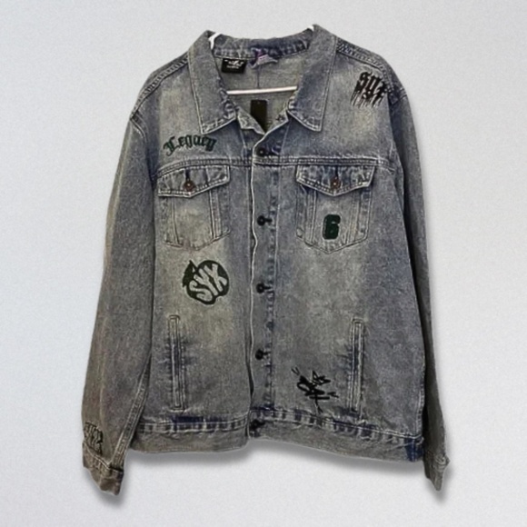 SYX Denim Jacket Custom Embroidered Graphic Front Chest Pocket Blue Men’s XL NWT - Picture 3 of 8
